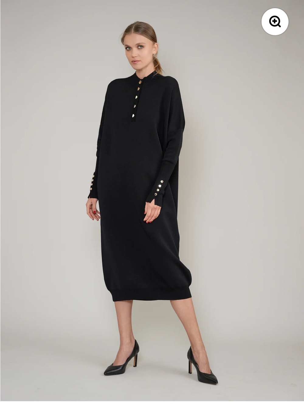 Black Midi Knit Dress with Gold-Tone Button Accents
